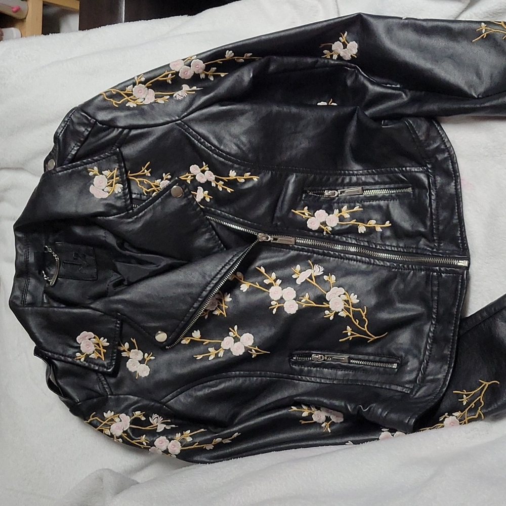 Floral EMBROIDERED Faux Leather Black MOTO Jacket